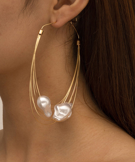 Boucles d'oreilles pendantes surdimensionnées en métal doré multicouche avec perles - Amawinc