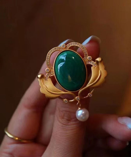 Bagues surdimensionnées en argent sterling vert surdoré avec perles de jade et zircon - Amawinc