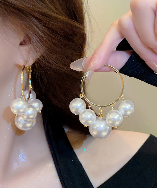 Boucles d'oreilles créoles surdimensionnées en alliage de métal blanc avec perles - Amawinc