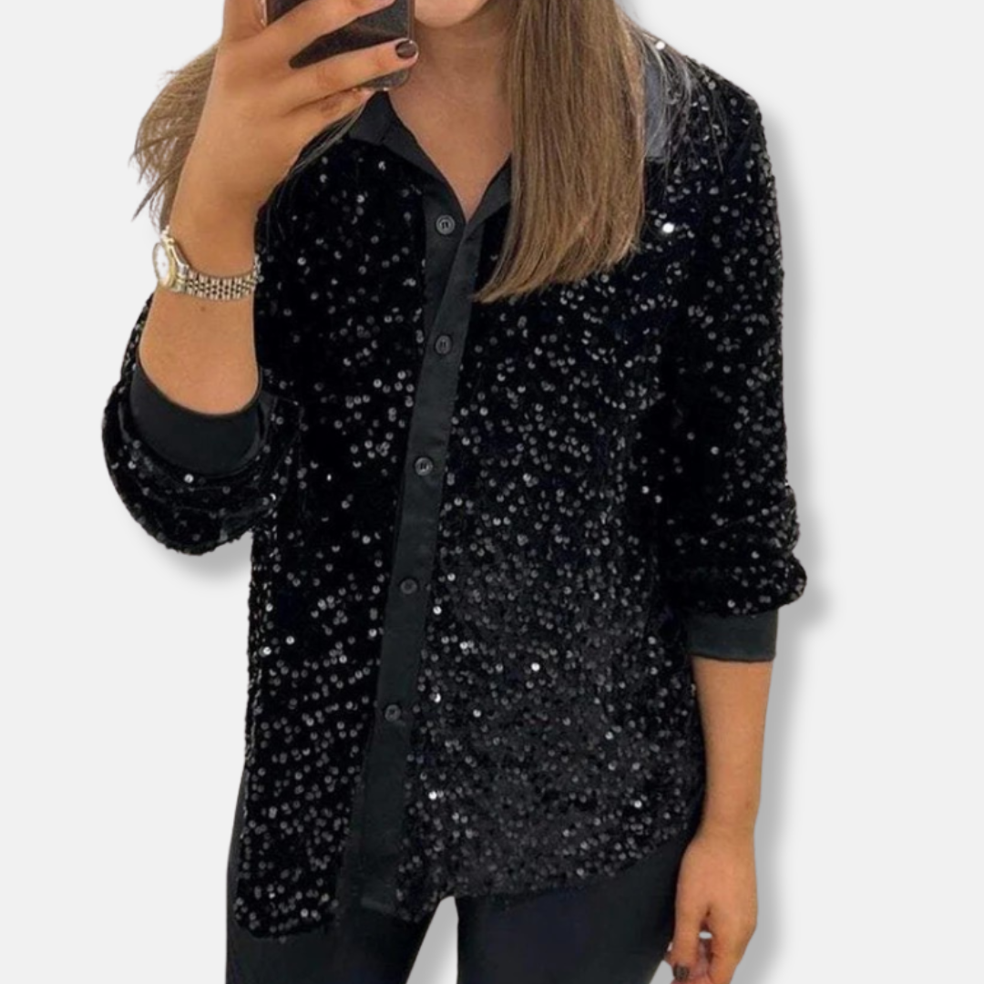 Chemise à Sequins Pour Femme Coupe Décontractée Boutonnée Manches Longues Haut de Soirée