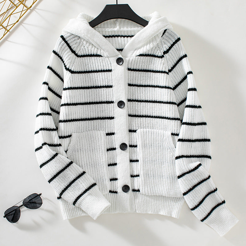Cardigan À Capuche Femme En Maille Chaude Coupe Décontractée Boutons Devant Rayé Casual