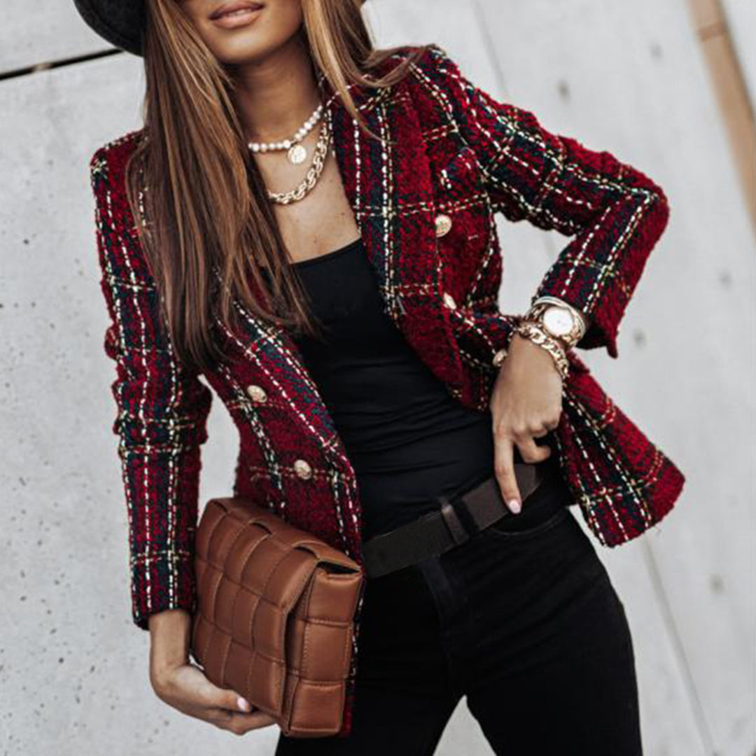 Blazer Femme Tweed Design Élégant Boutons Dorés Coupe Classique Tailorée Amawinc