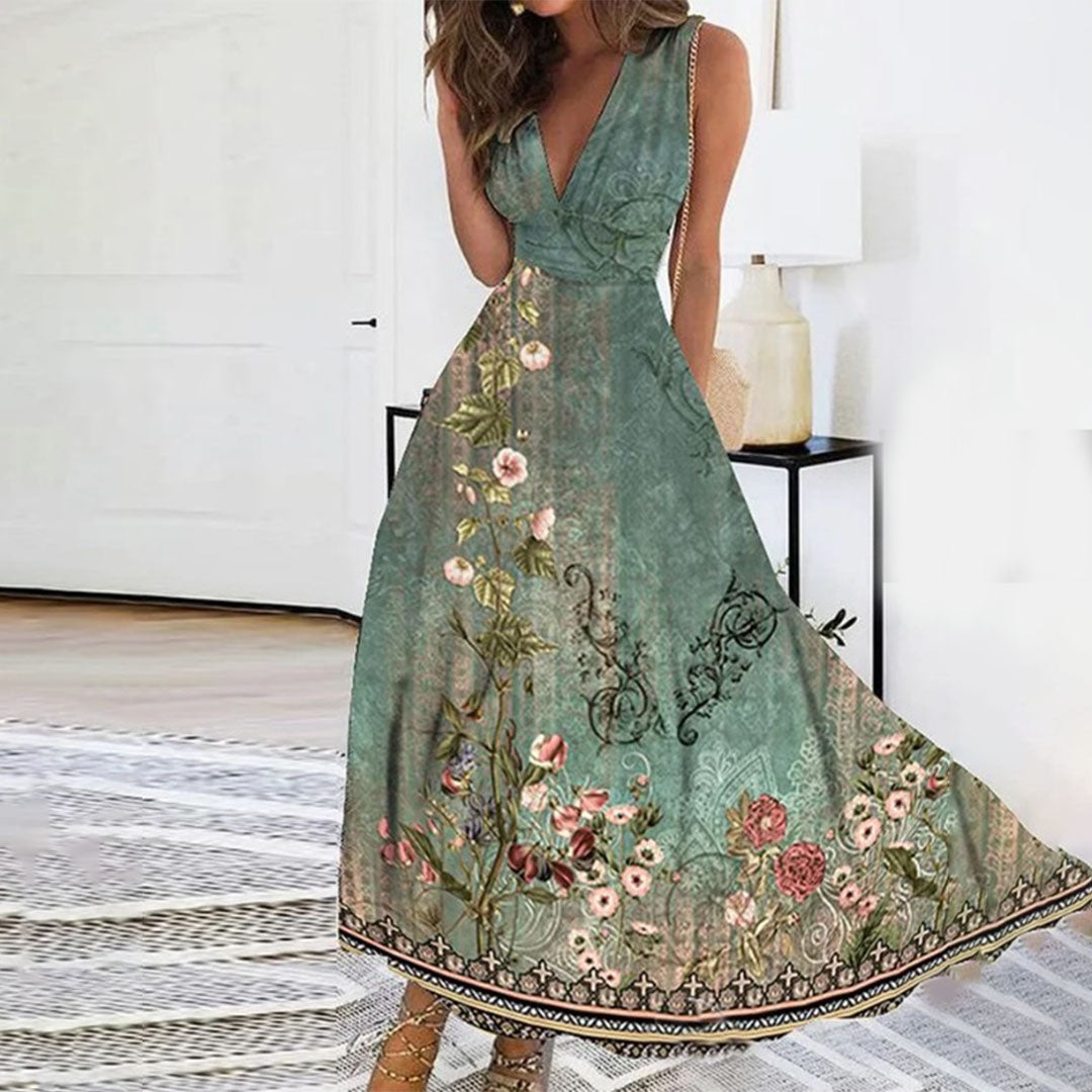 Robe Maxi Sans Manches Ivy Encolure V Motif Floral Bleu Élégante Et Moderne Pour Événements