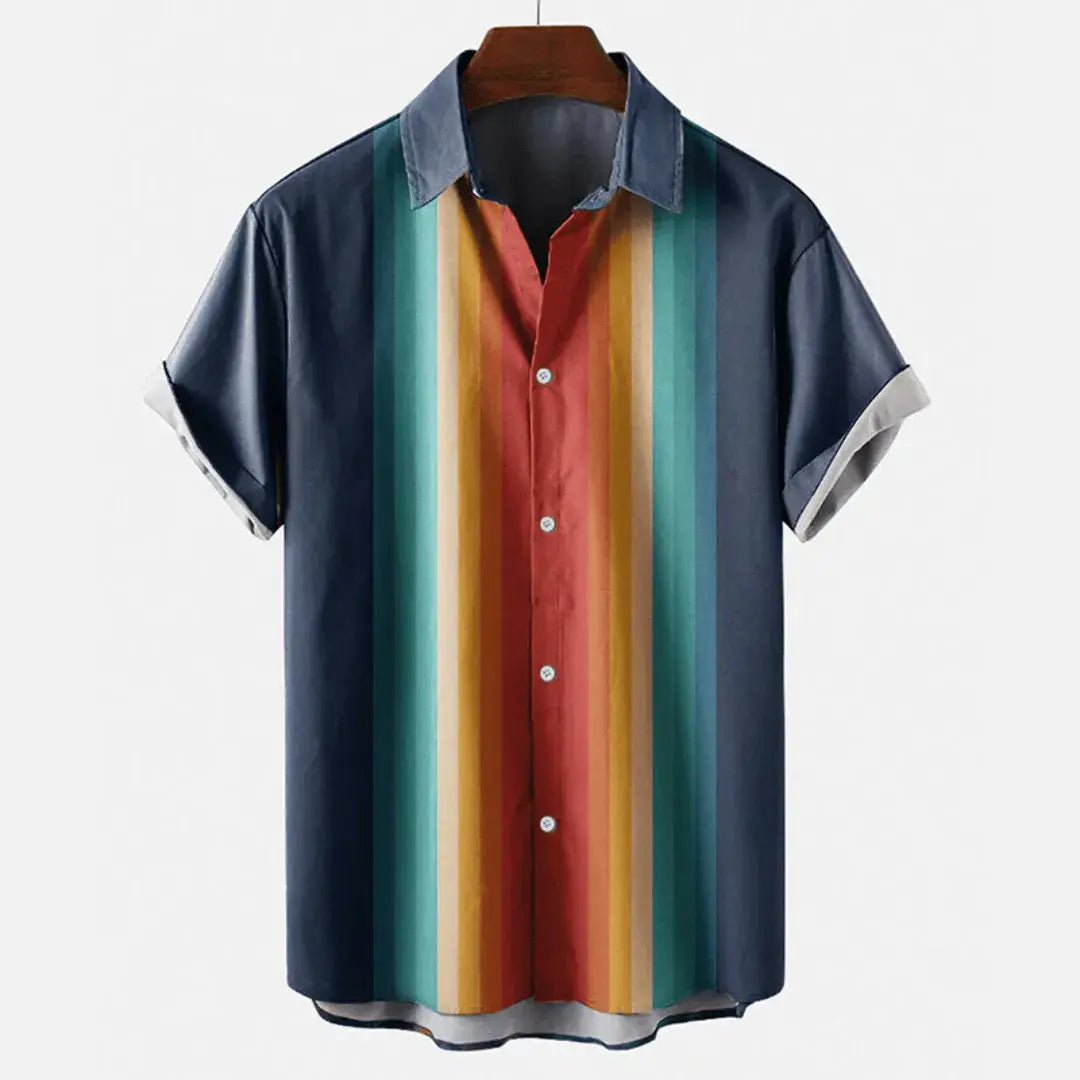 Chemise Retro En Lin Boutonnée Pierre-André Rayures Chevron Arc En Ciel Teinte À La Main Look Vintage