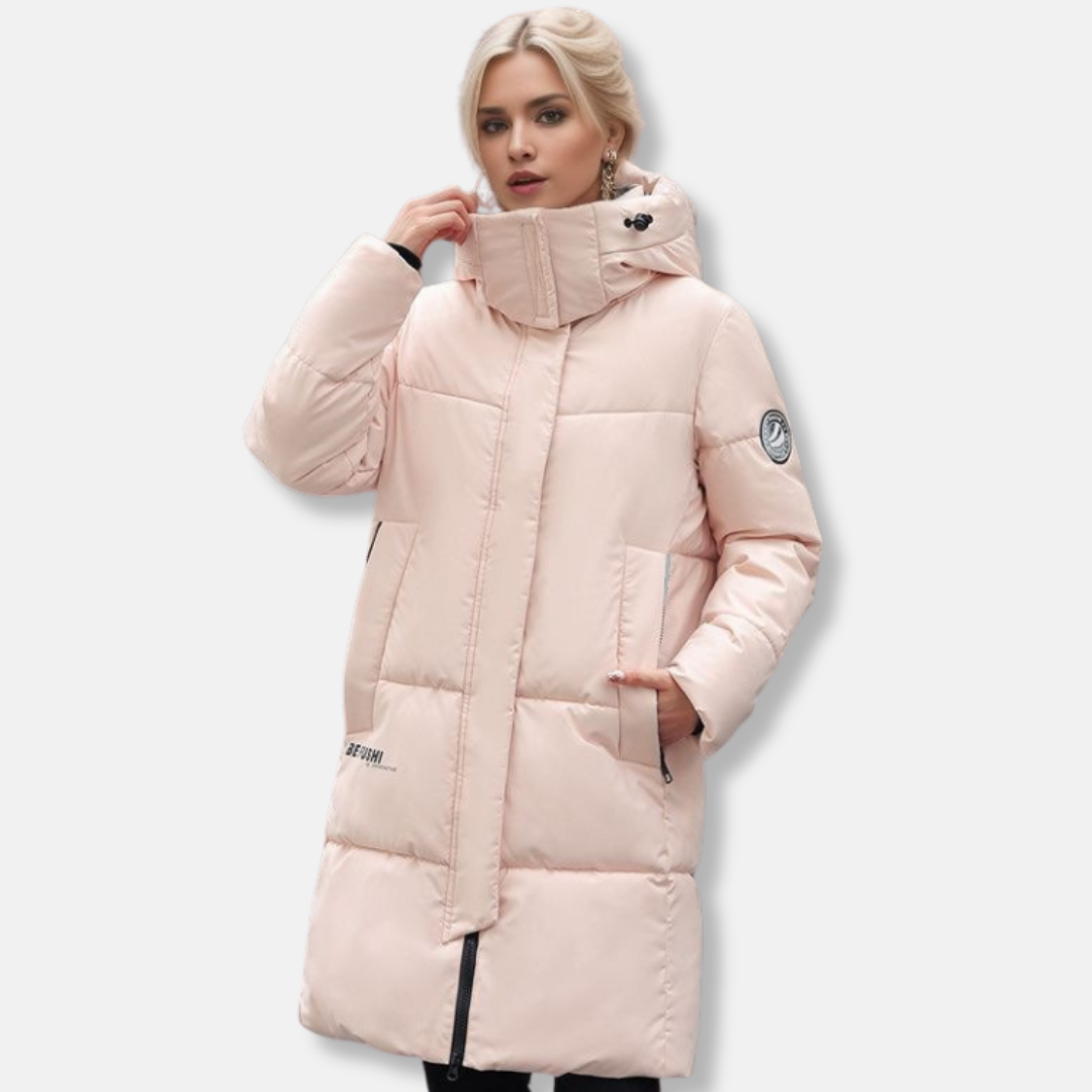 Doudoune Femme Longue Mi Cuisse Avec Capuche Intégrée et Col Haut Pour Hiver Amawinc