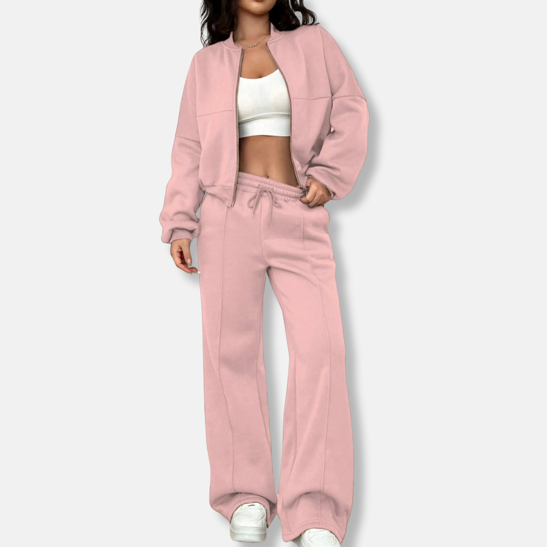 Ensemble Deux Pièces Loungewear Pour Femme Veste Bomber Décontractée Pantalon Taille Haute Évasé