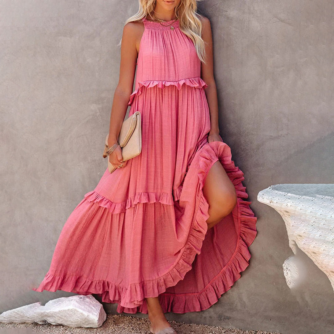 Robe Maxi Sans Manches Décolleté Halter Femme Élégante A Ligne Fluide Et Légère Chic