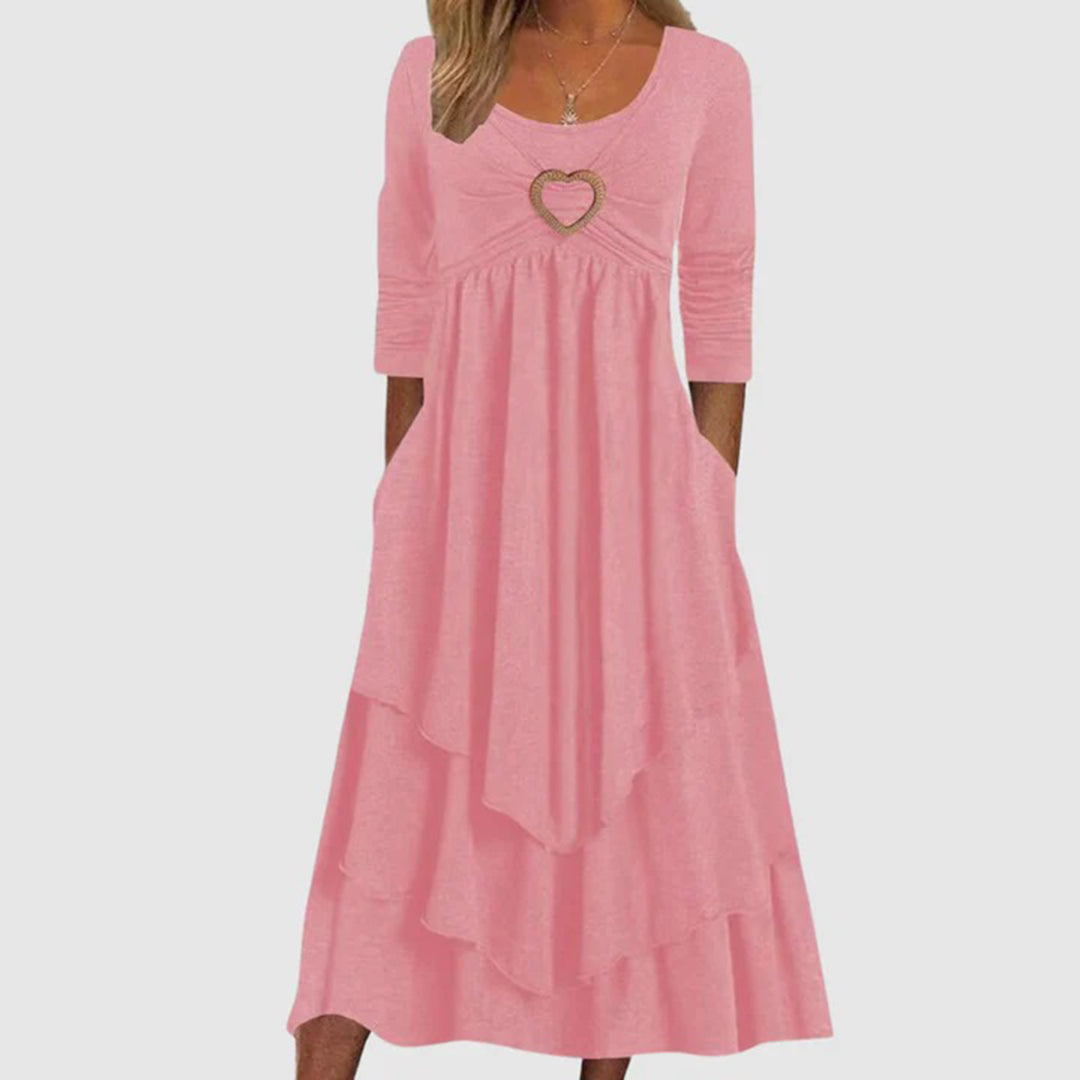 Robe Maxi Femme À Couches Avec Encolure En Cœur Et Manches Trois Quarts Coupe Décontractée
