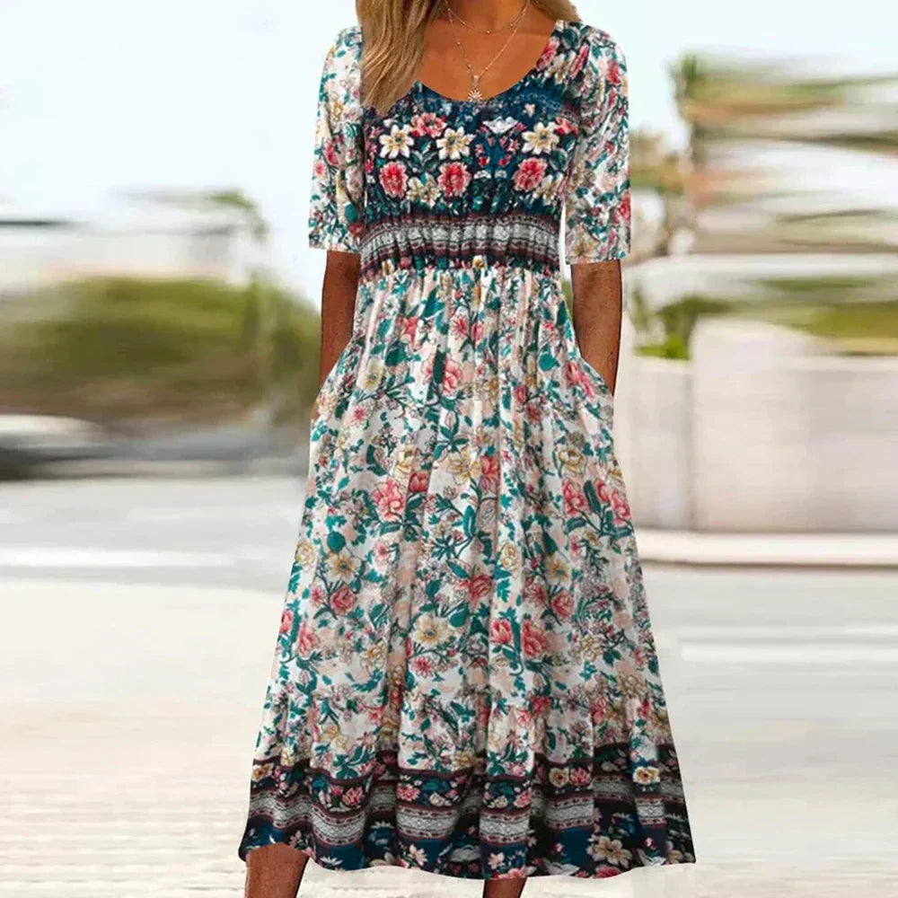 Amawinc Robe Maxi Bohème Pour Femme Imprimé Floral À Manches Courtes Poches Confort Quotidien Coupe Décontractée