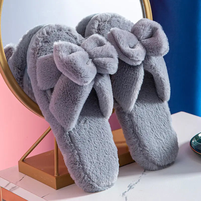Chaussons En Peluche Pour Femme Avec Nœud Confort Douillet Et Élégant À La Maison