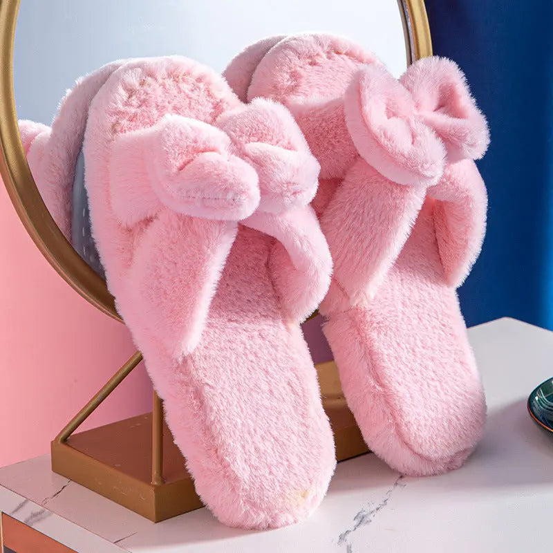 Chaussons En Peluche Pour Femme Avec Nœud Confort Douillet Et Élégant À La Maison