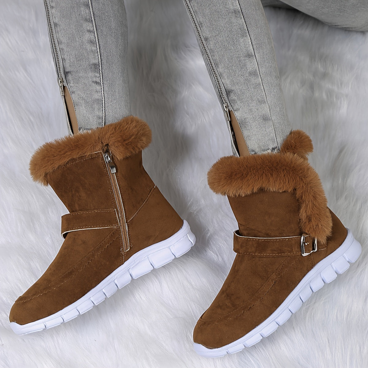 Bottes De Neige Pour Femmes Grande Taille Avec Doublure Pelucheuse Et Zip Latéral Confortables Pour L Hiver
