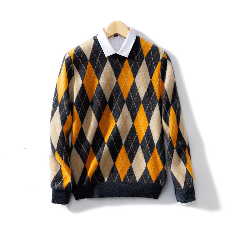 Pull en Laine Mérinos Motif Argyle Diamant Col Rond Côtes Raffiné Pour Superposition