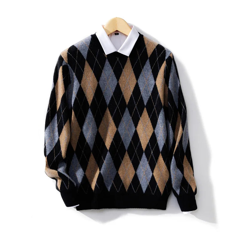 Pull en Laine Mérinos Motif Argyle Diamant Col Rond Côtes Raffiné Pour Superposition