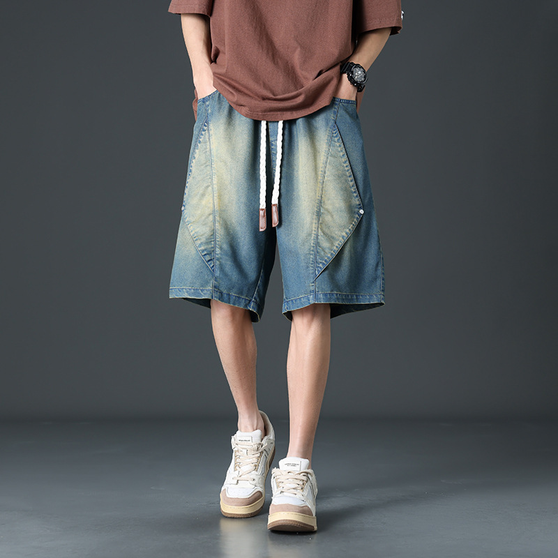 Shorts Denim Prism À Jambe Large Noir Lavé Avec Ceinture À Corde Et Coutures Angulaires Futuristes