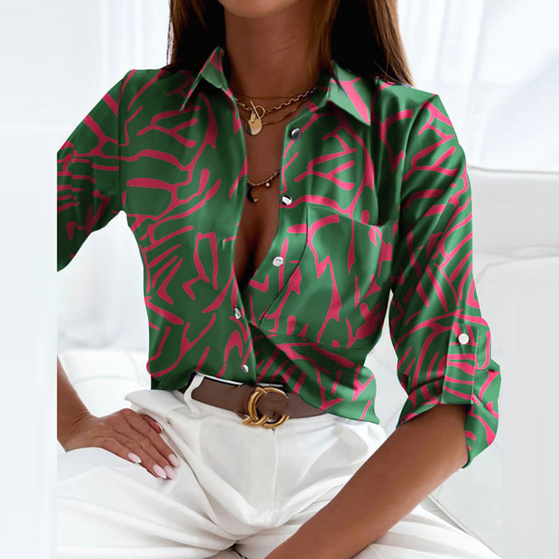 Blouse Femme Col Classique Bouton De Fermeture Légère Et Fluide Manche Longue Motif Nordique