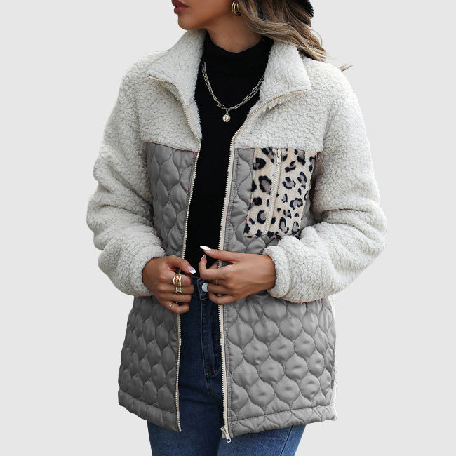 Manteau Hiver Patchwork Matelassé Pour Femme Avec Panneaux Satinés Doux Sherpa Et Détail Léopard