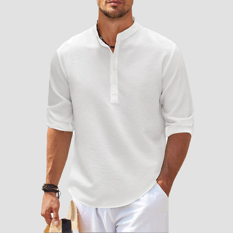 Chemise Henley Décontractée Homme À Col Mao Rayé Avec Boutonnage Et Manches Retroussables À Patte