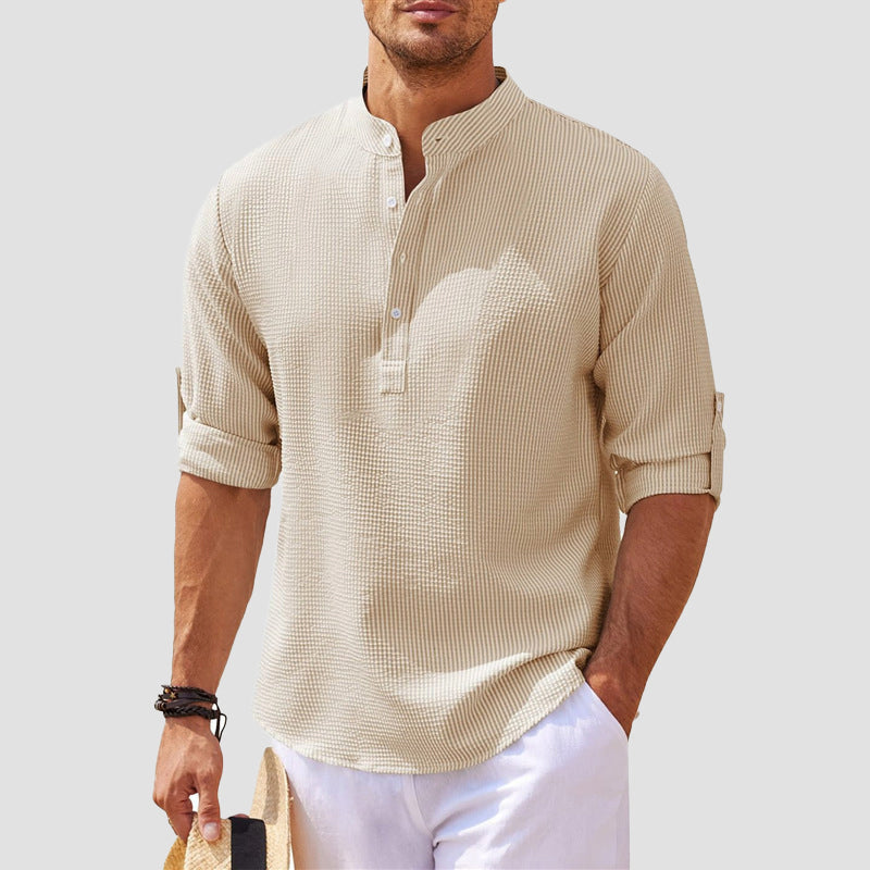 Chemise Henley Décontractée Homme À Col Mao Rayé Avec Boutonnage Et Manches Retroussables À Patte