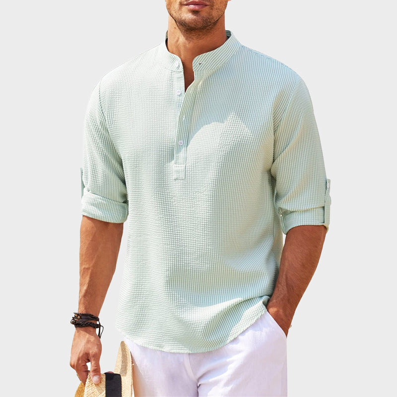 Chemise Henley Décontractée Homme À Col Mao Rayé Avec Boutonnage Et Manches Retroussables À Patte