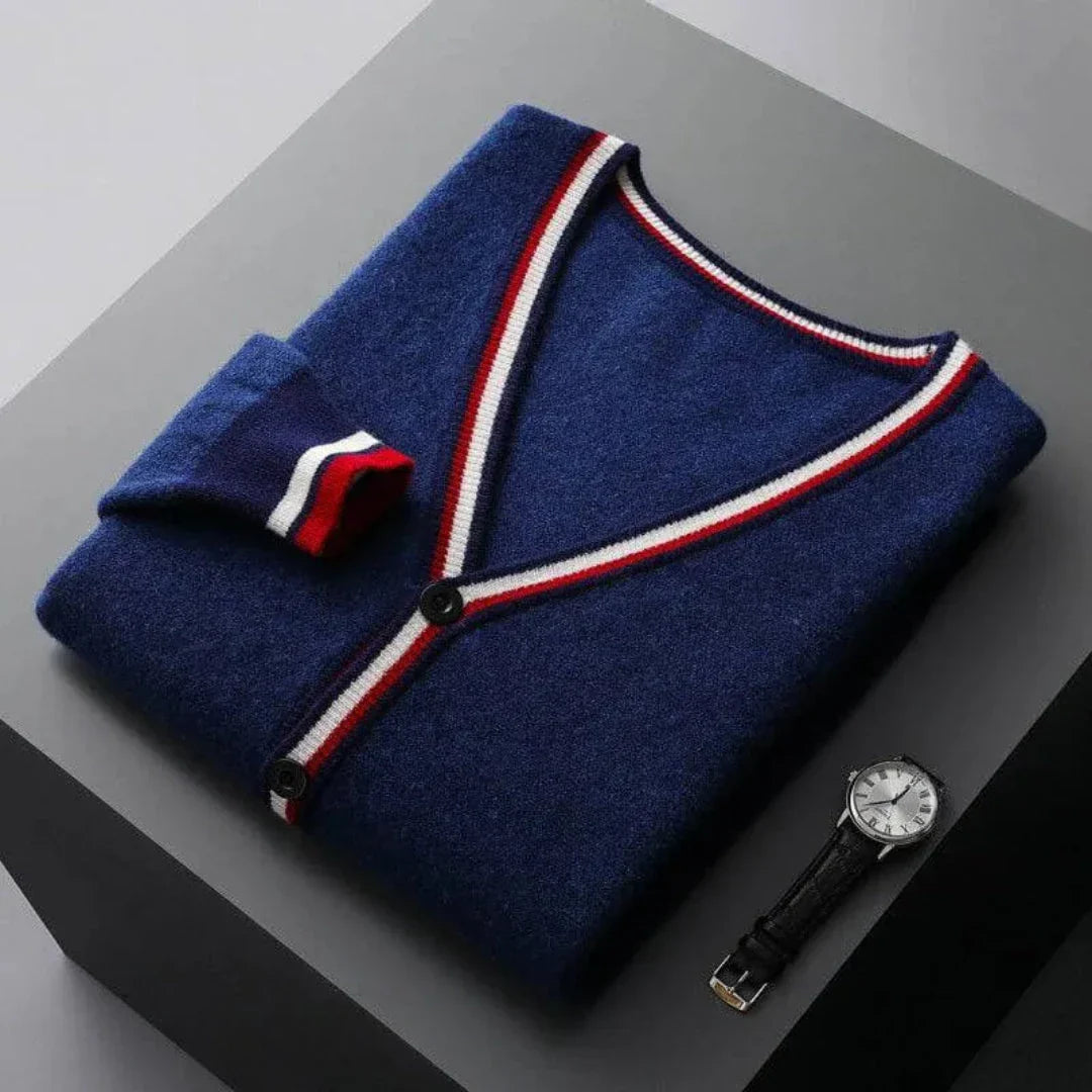 Cardigan Maille Rayé À Col V Ralph Lauren En Laine Léger Bleu Marine Rouge Blanc Pour Le Dressing En Couches
