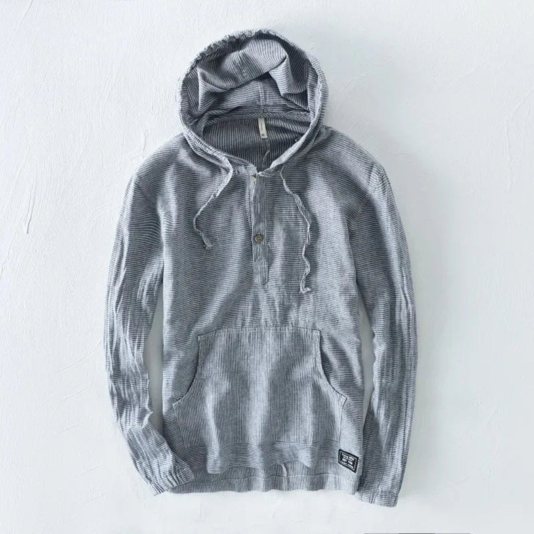 Chemise Rana À Capuche Boutonnée Léger Coton Mélangé À Rayures Subtiles Avec Manches Retroussables