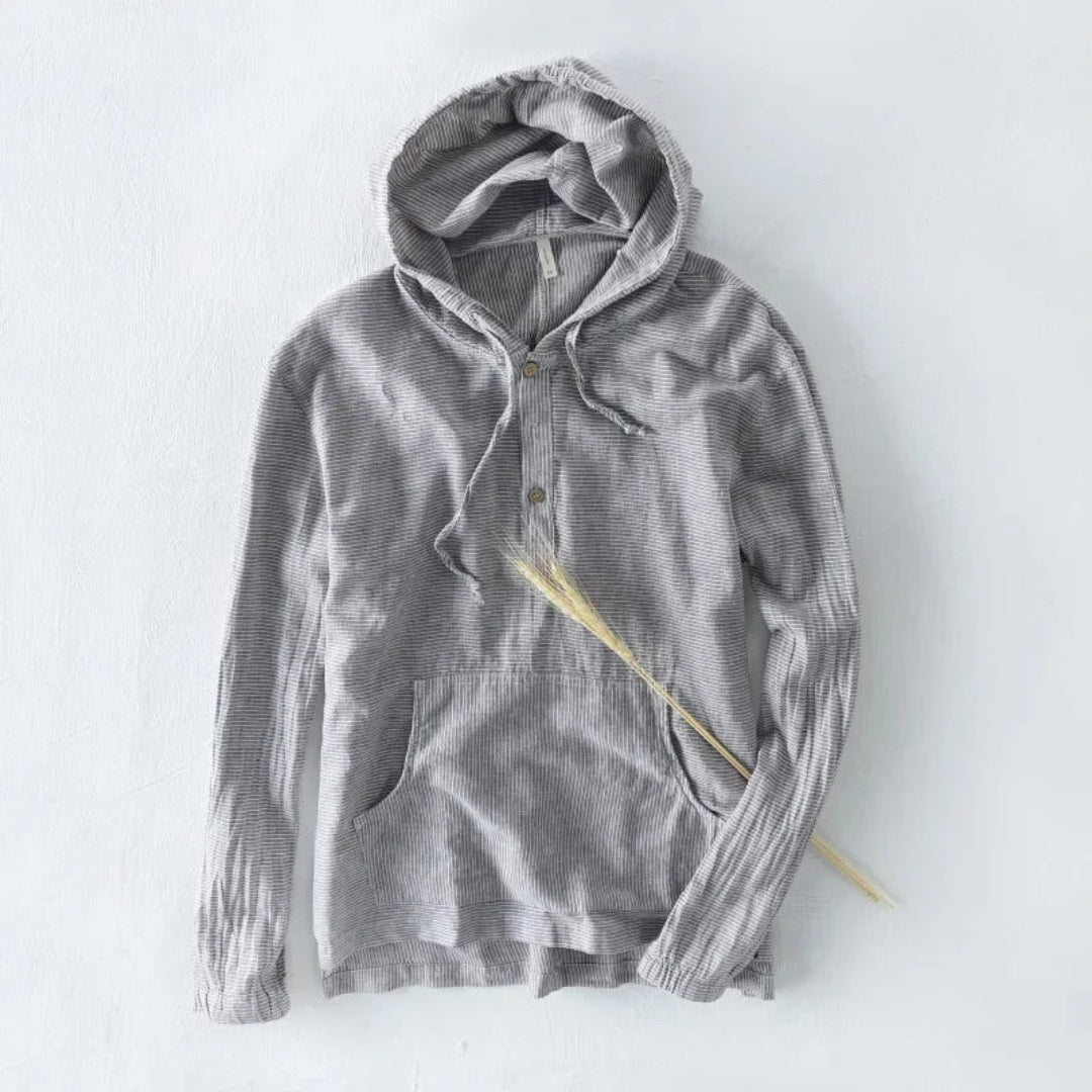 Chemise Rana À Capuche Boutonnée Léger Coton Mélangé À Rayures Subtiles Avec Manches Retroussables
