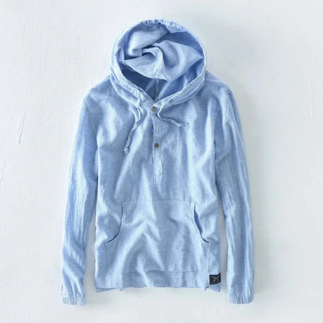 Chemise Rana À Capuche Boutonnée Léger Coton Mélangé À Rayures Subtiles Avec Manches Retroussables
