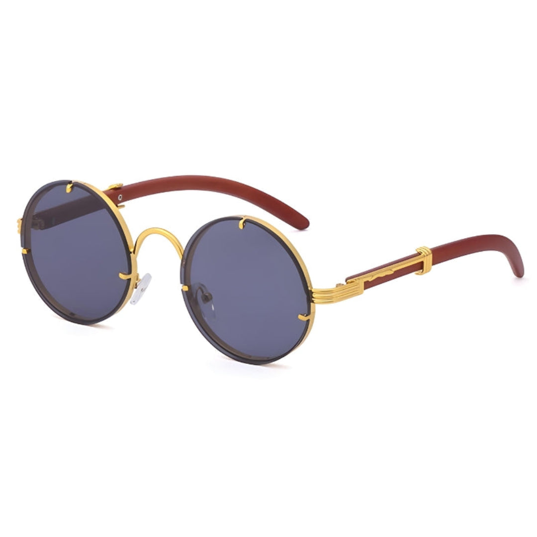 Rayver Lunettes de Soleil Rondes Vintage Cadre Bois Grainé avec Accents Dorés UV400 Confort Léger