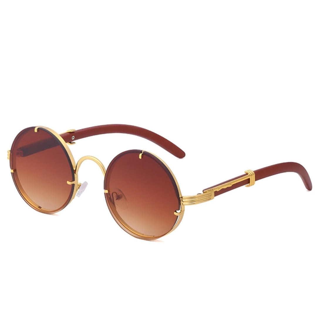 Rayver Lunettes de Soleil Rondes Vintage Cadre Bois Grainé avec Accents Dorés UV400 Confort Léger