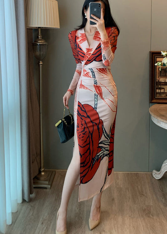 Robe portefeuille en tulle imprimé rouge, ouverture sur le côté, été - Amawinc
