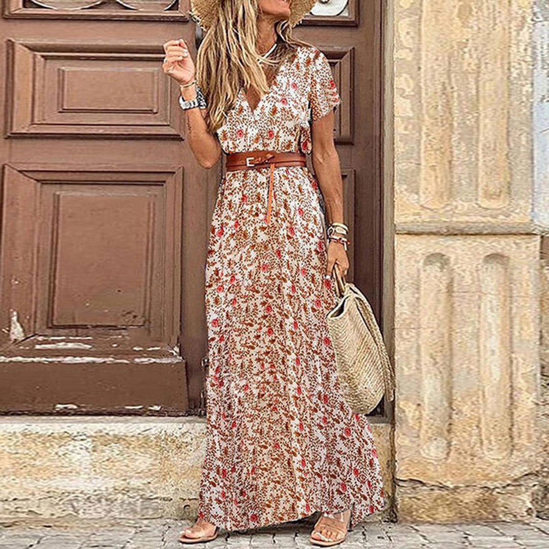 Robe Maxi Femme Col V Manches Courtes Taille Cintrée Fente Latérale Élégante Pour Occasions Festives
