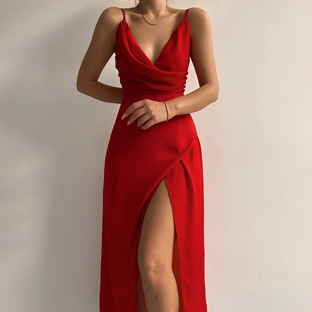 Amawinc Robe Longue Satinée Pour Femme Élégante Pour Soirée Formelle Décolleté En V Et Grande Fente