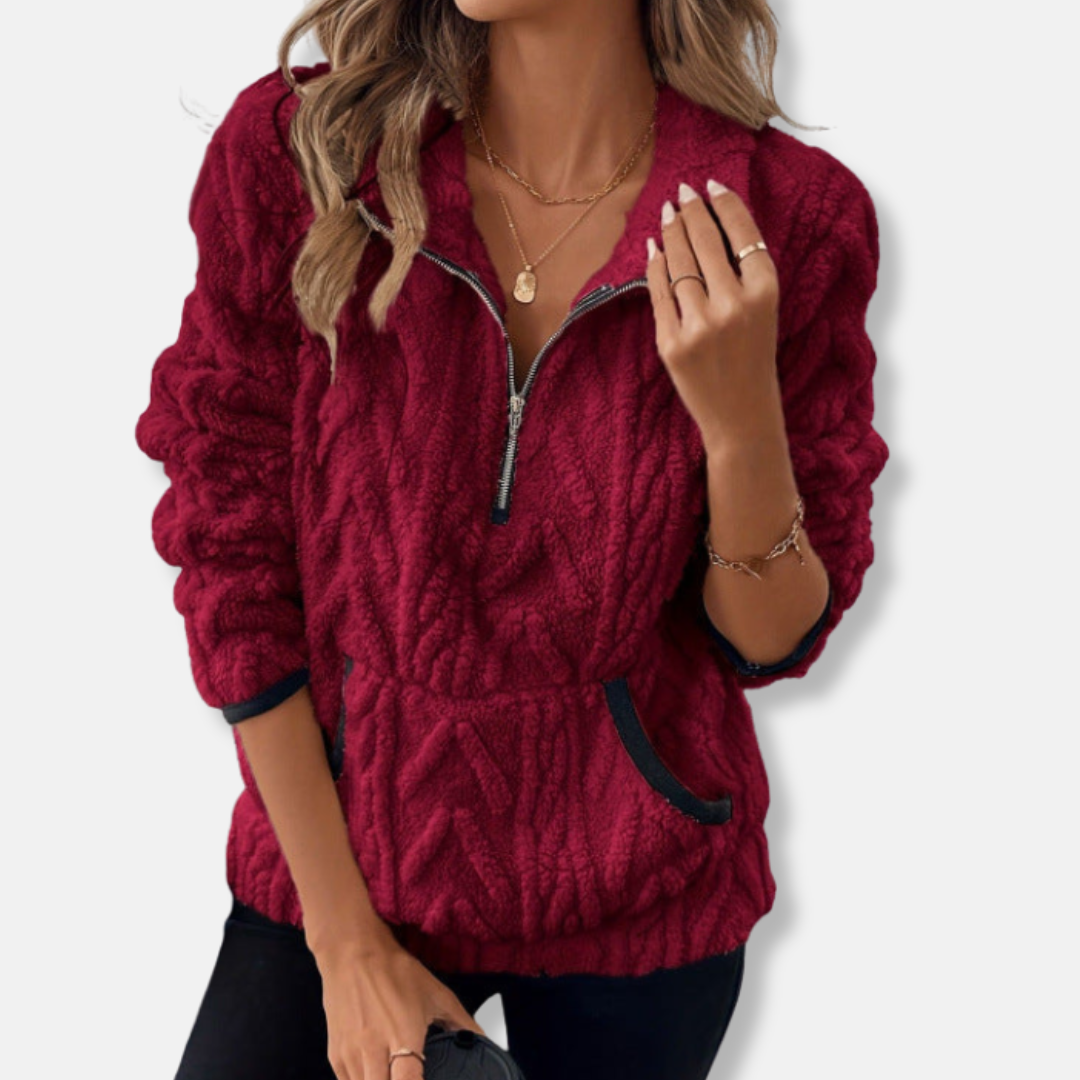 Pull Femme Col Montant Polaire Demi Zip Poche Kangourou Doux Et Confortable Pour Tous Les Jours