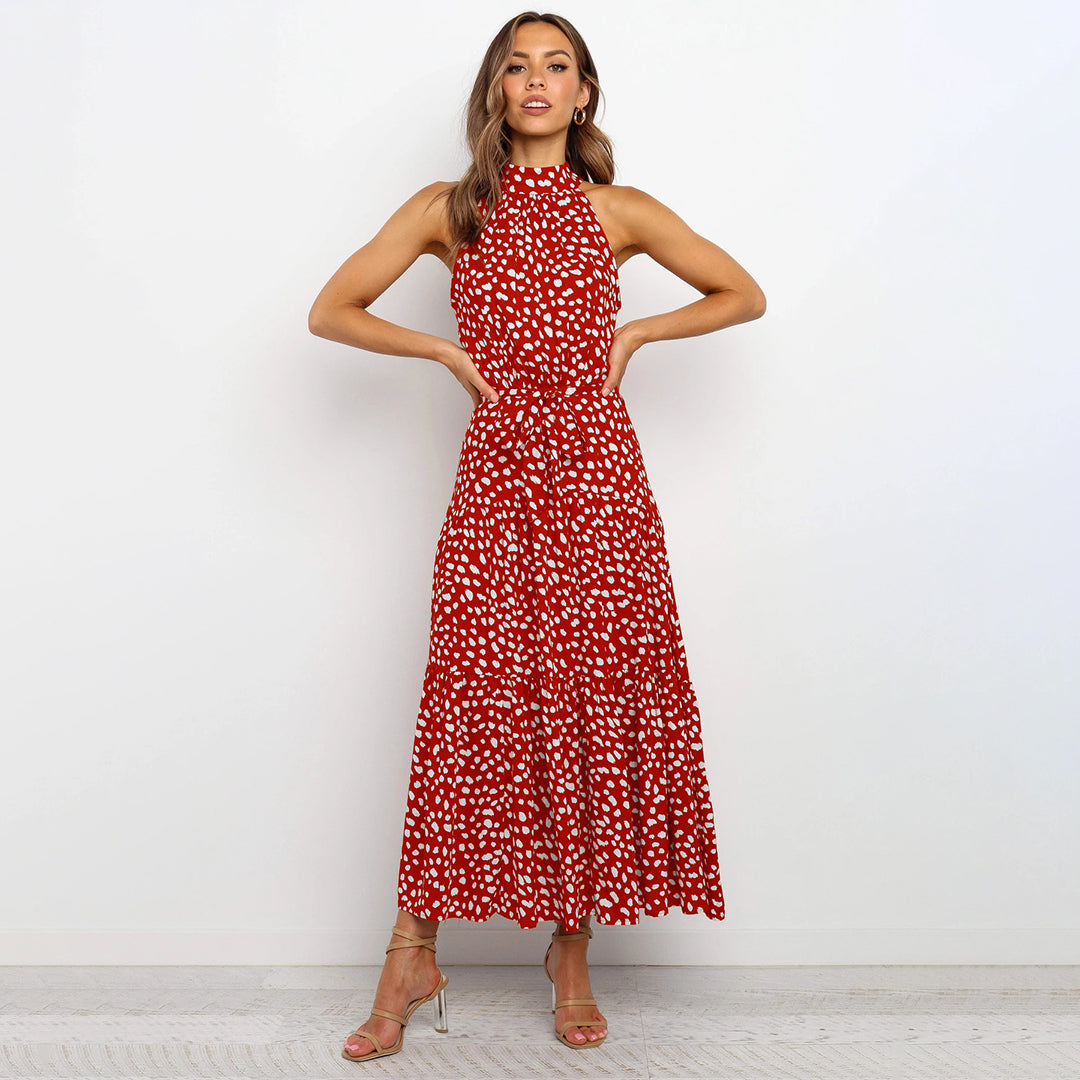 Robe Halterneck Sans Manches Coupe A Ligne Longue Avec Ceinture Légère Et Aérienne