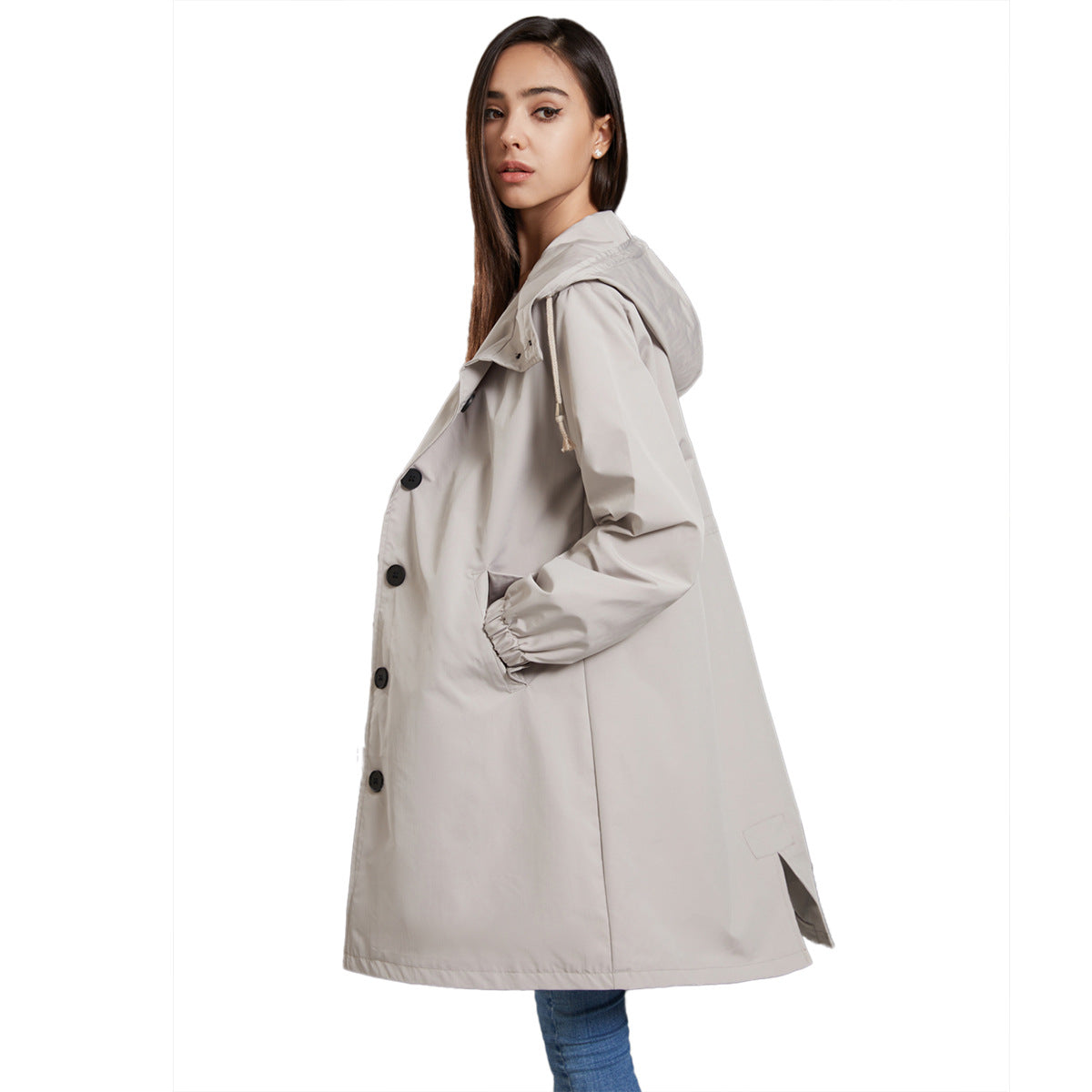 Imperméable A Line Nancy Capuche Bouton Devant Longueur Genou Nylon Durable Femme