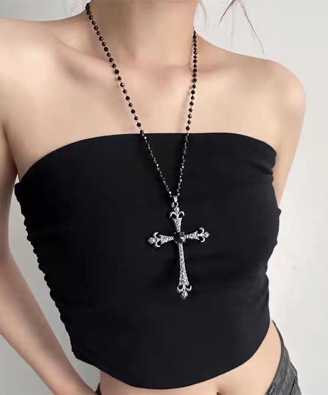 Collier rétro en alliage noir avec perles en zircon et croix graduée - Amawinc