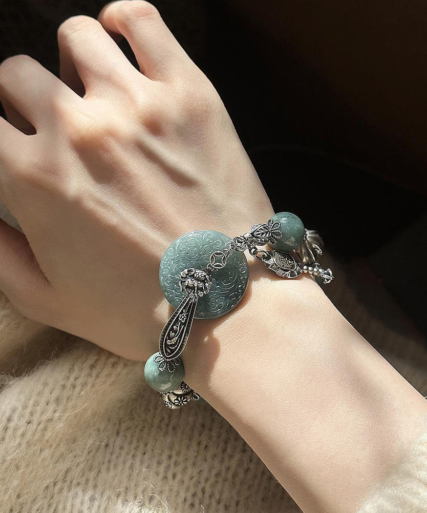 Bracelet à breloques papillon en argent sterling vert noirâtre rétro avec jade - Amawinc