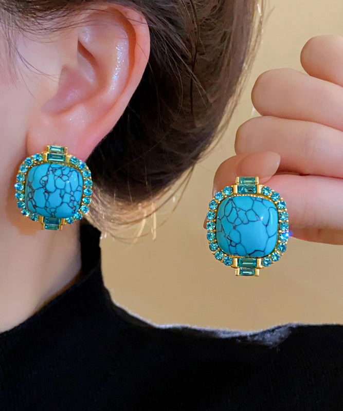 Boucles d'oreilles à tige rétro en alliage bleu incrusté de zircons turquoise - Amawinc