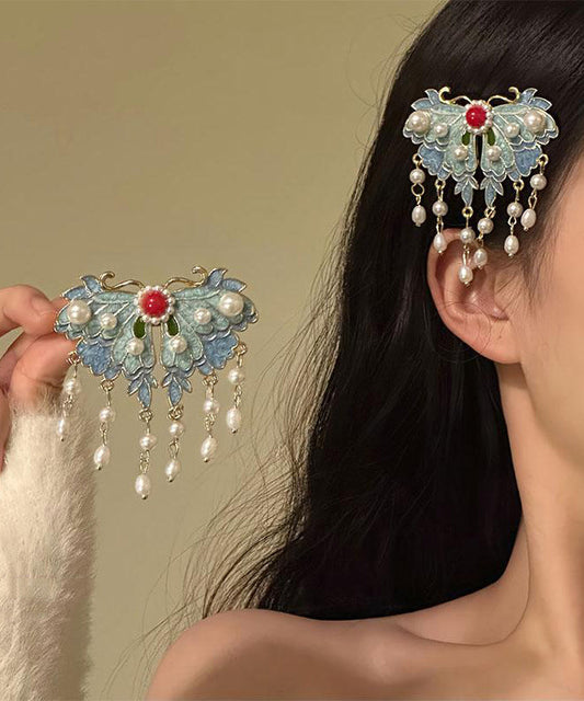 Épingle à cheveux papillon en alliage bleu rétro avec perles émaillées - Amawinc
