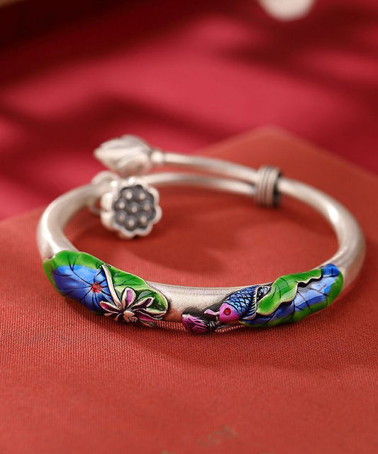 Manchette rétro en argent sterling cloisonné bleu avec motif de carpe de lotus - Amawinc