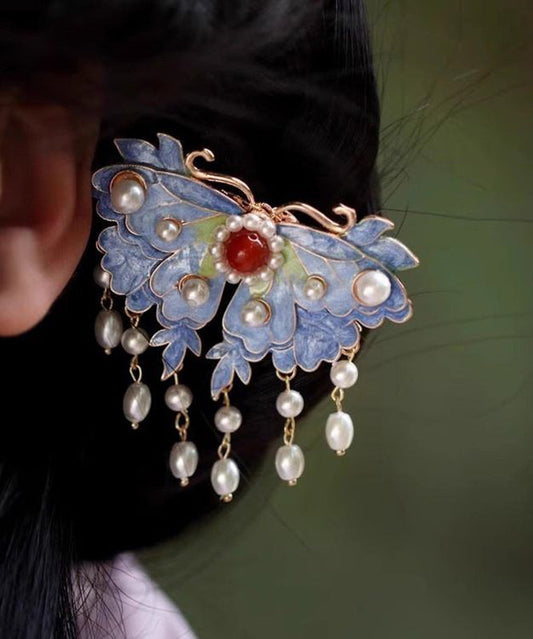 Épingle à cheveux rétro en argent sterling avec perles bleues et pompon en forme de papillon - Amawinc