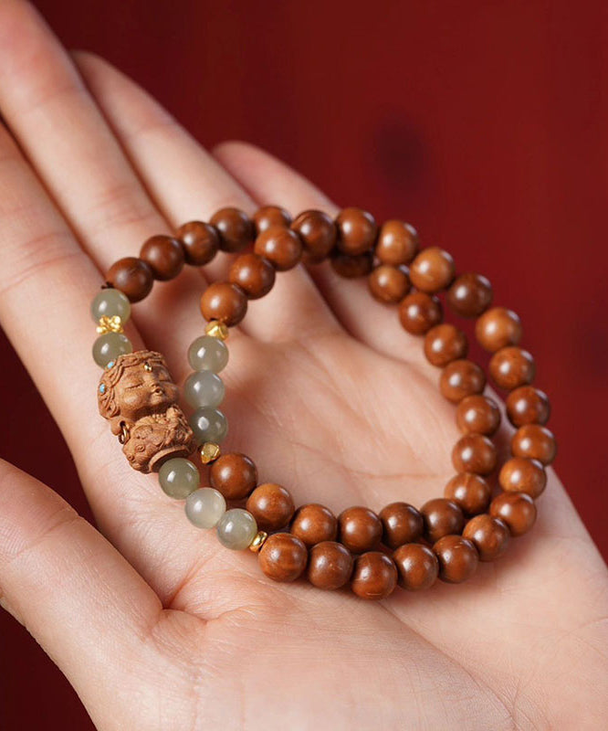 Bracelet rétro en perles de bois de santal et jade marron surdoré - Amawinc