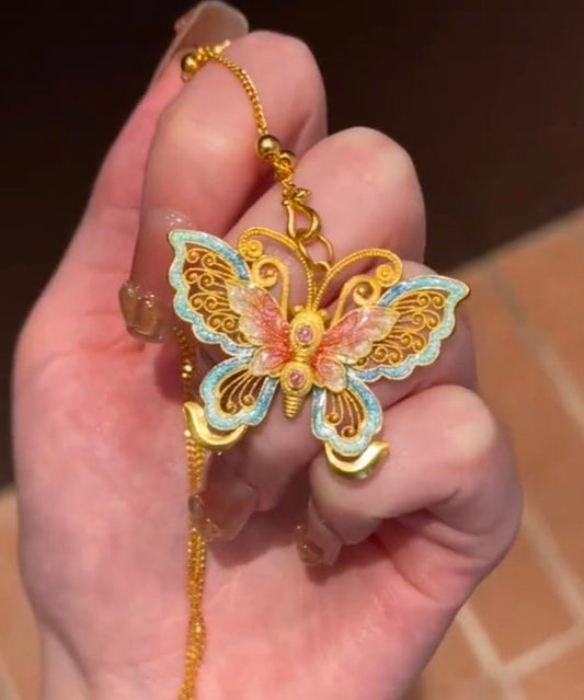 Collier pendentif papillon en émail doré rétro ancien - Amawinc