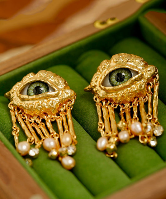 Boucles d'oreilles pendantes rétro en alliage de cuivre doré et perles avec pompon et œil maléfique - Amawinc