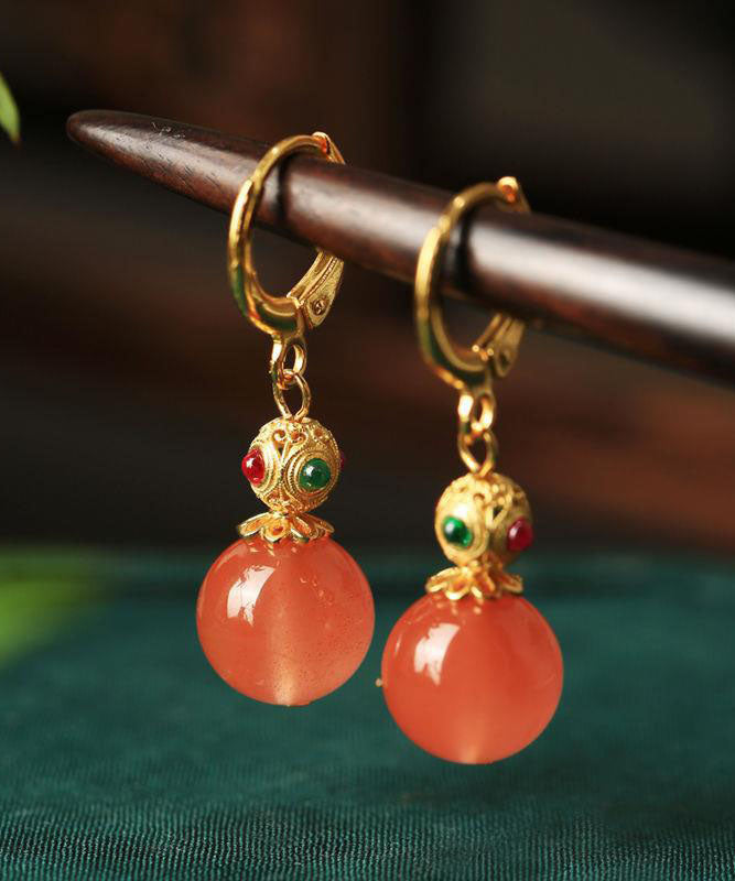 Boucles d'oreilles pendantes rétro en argent sterling doré, zircon et agate, forme calebasse - Amawinc