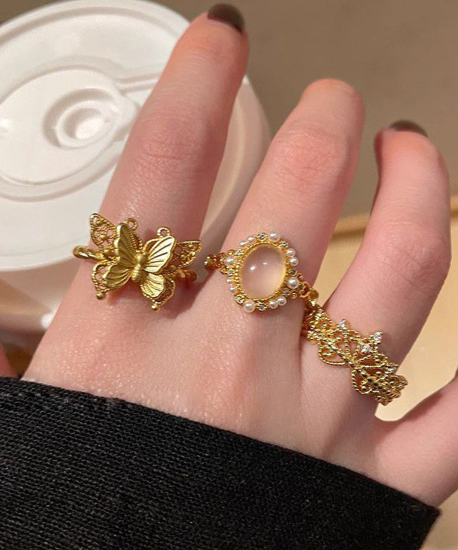 Ensemble de trois bagues rétro en argent sterling doré avec zircons ajourés en forme de papillon - Amawinc