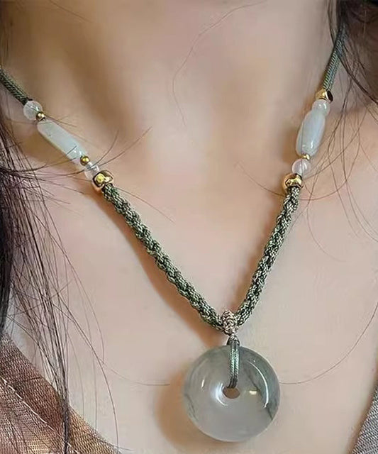 Collier pendentif boucle Ping An en jade tissé vert rétro - Amawinc