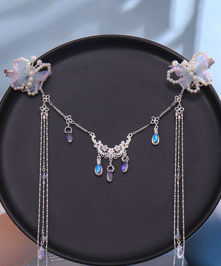 Épingle à cheveux rétro en alliage violet clair avec perles papillon et pompon - Amawinc