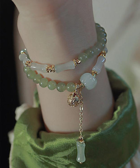 Bracelet à breloques double couche en patchwork de perles et de bambou rétro en métal doré - Amawinc